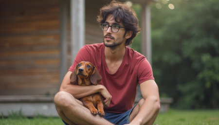 A thoughtful young man with curly hair and glasses sits outdoors, cradling a cute dachshund in his arms. The warm sunlight filters through the trees, creating a peaceful atmosphere that highlights the bond between the man and his beloved pet.の素材