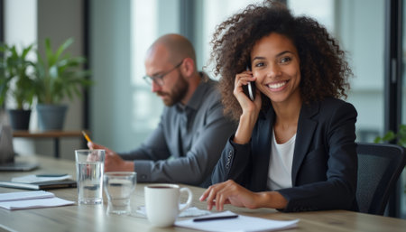 A confident woman with curly hair smiles while talking on her phone in a sleek office environment. Her colleague, a bald man, is focused on his work, creating a dynamic atmosphere of collaboration and productivity.の素材