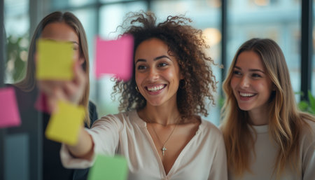 Three diverse women are joyfully engaged in a brainstorming session, surrounded by vibrant sticky notes. Their smiles radiate positivity and teamwork, highlighting the creative energy of collaboration in a modern workspace.の素材
