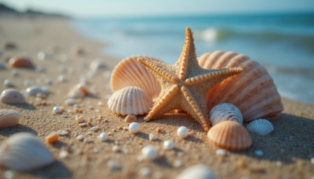 A beautiful starfish rests among a collection of seashells on a sun-kissed sandy beach, with gentle waves lapping in the background. This serene coastal scene captures the essence of summer, evoking feelings of tranquility and the beauty of natures treasures.の素材