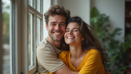 A happy couple, a man and a woman, share a warm embrace by a sunlit window, radiating joy and love. Their genuine smiles and cozy atmosphere create a heartwarming scene of connection and happiness.の素材