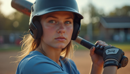 A focused young woman in a baseball helmet and blue jersey grips her bat, exuding confidence and determination. The warm sunlight highlights her striking features, capturing the spirit of youth and the thrill of the game.の素材