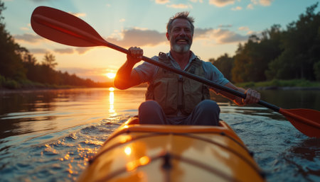 A cheerful older man paddles his bright orange kayak through calm waters, illuminated by a stunning sunset. The scene captures the essence of adventure and tranquility, showcasing the beauty of nature and the joy of outdoor activities.の素材