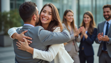 A joyful woman in a white blazer embraces a man in a gray suit, surrounded by applauding colleagues in a modern office setting. This image captures the essence of teamwork and achievement, radiating happiness and camaraderie among professionals celebrating a significant milestone.の素材