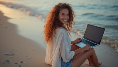 A cheerful young woman with curly hair sits on the sandy beach, working on her laptop as the sun sets over the ocean. The scene captures the perfect blend of productivity and relaxation, showcasing the beauty of remote work in a serene coastal environment.の素材
