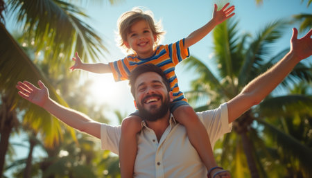 A cheerful father carries his young son on his shoulders, both beaming with happiness under the warm sun. Surrounded by lush palm trees, this heartwarming scene captures the essence of family joy and carefree moments spent together.の素材
