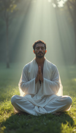 A calm man of Middle Eastern descent sits cross-legged in a lush green field, hands in prayer position, surrounded by soft rays of sunlight filtering through the trees. This tranquil scene captures the essence of mindfulness and inner peace, inviting viewers to embrace serenity and connection with nature.の素材
