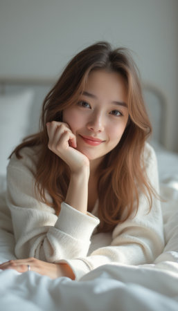 A cheerful young woman with long, flowing hair rests her chin on her hand, exuding warmth and tranquility in a softly lit bedroom. Her gentle smile and relaxed pose create an inviting atmosphere, perfect for capturing moments of serenity and comfort.の素材