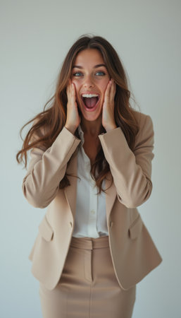 A young woman with long, flowing hair is wearing a stylish beige suit, her face radiating pure excitement and joy. Her hands are on her cheeks, amplifying her surprise and happiness, set against a soft, neutral background that enhances her vibrant expression.の素材