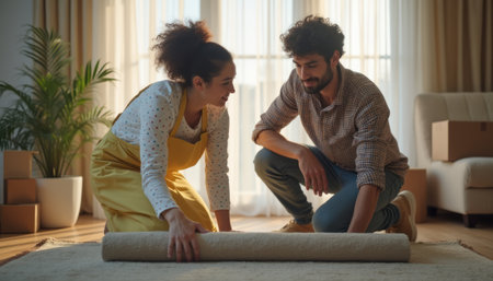 A joyful couple is unrolling a soft rug together in their bright, inviting living room filled with natural light. Their teamwork and shared excitement create a warm atmosphere, symbolizing new beginnings in their shared space.の素材