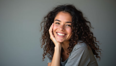 A joyful young woman with beautiful curly hair beams with happiness, resting her chin on her hand against a soft gray background. Her infectious smile radiates warmth and positivity, inviting viewers to share in her moment of bliss.の素材