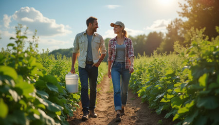 A happy couple strolls through a vibrant farm, basking in the warm glow of the setting sun. Their joyful expressions and relaxed demeanor reflect a deep connection, as they enjoy the beauty of nature and each others company.の素材