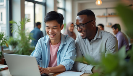 Two friends, one Asian and one Black, share a moment of laughter while working together on a laptop in a lively cafÃ© filled with greenery. Their expressions radiate joy and camaraderie, highlighting the beauty of friendship and collaboration in a warm, inviting atmosphere.の素材