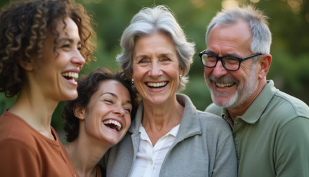 A cheerful family of four, including two women and two men, share a moment of joy outdoors, surrounded by lush greenery. Their genuine smiles and laughter create an atmosphere of warmth and connection, highlighting the beauty of family bonds and shared happiness.の素材