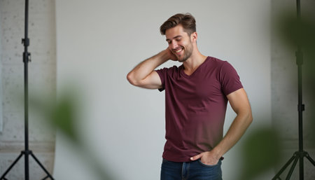 A cheerful young man with stylish hair stands in a relaxed pose, exuding confidence and charm. The soft background and studio lighting enhance the warm atmosphere, making it perfect for lifestyle or fashion themes.の素材