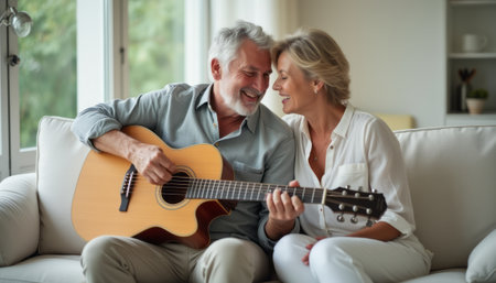 An elderly couple sits closely on a cozy sofa, sharing smiles as the man strums a guitar. Their warm connection radiates love and joy, capturing a beautiful moment of togetherness and harmony in their serene living space.の素材