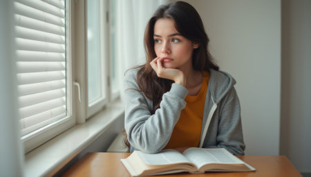 A young woman with long dark hair sits pensively by a window, resting her chin on her hand while gazing thoughtfully outside. The soft light filtering through the blinds creates a serene atmosphere, enhancing her reflective mood as she contemplates life with an open book in front of her.の素材