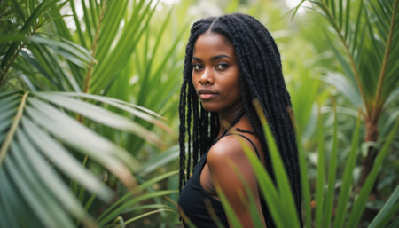 A striking woman with long, braided hair stands confidently among vibrant green palm leaves, exuding strength and beauty. Her serene expression and the lush backdrop create a captivating atmosphere of tranquility and connection with nature.の素材