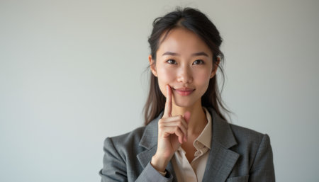 A poised young Asian woman in a tailored gray suit gently raises her finger to her lips, signaling for silence. Her warm smile and confident demeanor convey a sense of professionalism and approachability, perfect for corporate settings or motivational themes.の素材