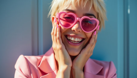 A cheerful young woman with short blonde hair beams with joy, wearing playful heart-shaped sunglasses and a stylish pink blazer. Her radiant smile and vibrant accessories create a lively atmosphere, embodying fun and confidence.の素材