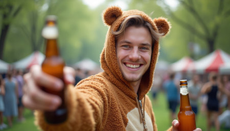 A joyful young man wearing a cozy bear onesie smiles brightly while holding two bottles of beer at a vibrant outdoor festival. The scene is filled with laughter and excitement, surrounded by colorful tents and a lively crowd enjoying the festivities.の素材