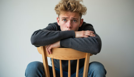 A young man with tousled blonde hair sits on a wooden chair, resting his chin on his arms, lost in thought. His expressive blue eyes convey a sense of contemplation and vulnerability, creating an intimate atmosphere.の素材