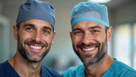 Two confident male surgeons, one in dark blue and the other in teal scrubs, share bright smiles in a well-lit medical environment. Their camaraderie and professionalism shine through, embodying the spirit of teamwork and dedication in healthcare.の素材