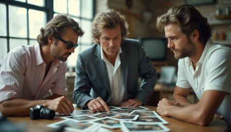 Three stylish men, one in sunglasses and two in casual attire, are intently examining a collection of graphs on a wooden table. The scene captures a moment of nostalgia and camaraderie, highlighting their shared interest in memories and storytelling through images.の素材