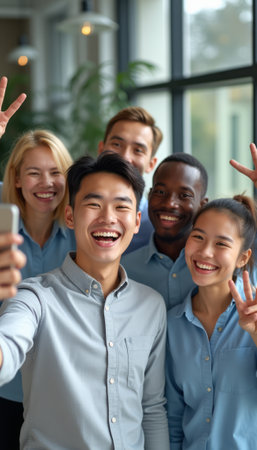 A diverse group of five young adults, all wearing light blue shirts, joyfully pose for a selfie in a bright, modern office space. Their radiant smiles and playful peace signs capture a moment of camaraderie and happiness, showcasing the spirit of teamwork and friendship.の素材