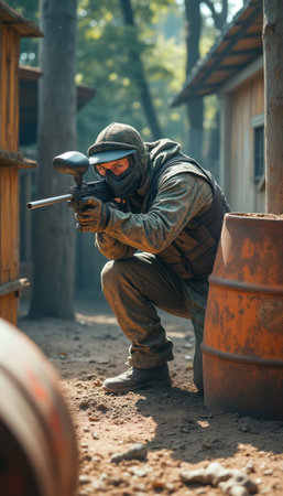 A focused paintball player, dressed in tactical gear, crouches behind a barrel, aiming with precision in a vibrant forest environment. The image captures the thrill of competition and strategy, showcasing the adrenaline-fueled atmosphere of paintball battles.の素材