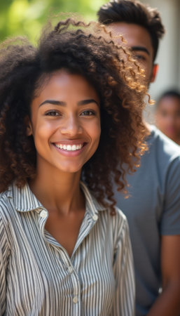 A cheerful young woman with beautiful curly hair stands in focus, radiating happiness in a lively outdoor environment. Behind her, a man with a neutral expression adds depth to the scene, highlighting the warmth of friendship and connection.の素材