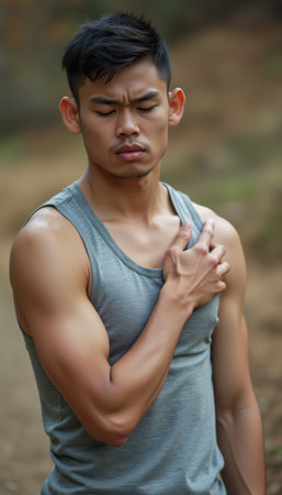 A muscular young Asian man stands outdoors, his expression reflecting a mix of pain and contemplation as he clutches his chest. The natural background enhances the emotional intensity, evoking a sense of vulnerability and strength in this poignant moment.の素材