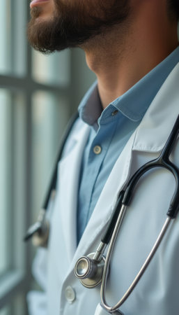 A male doctor in a white coat stands by a window, his stethoscope draped around his neck, lost in thought. The image captures a moment of reflection, highlighting the dedication and compassion of healthcare professionals.の素材