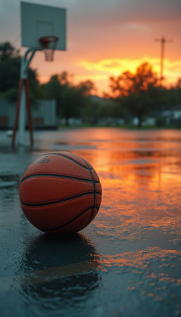 A vibrant basketball sits on a glistening wet court, reflecting the stunning hues of a sunset. The scene captures the essence of a tranquil evening, blending the excitement of the game with the serene beauty of nature.の素材