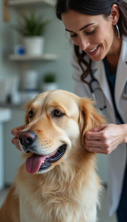 A smiling female veterinarian gently examines a golden retrievers ears in a bright, welcoming clinic. The scene radiates warmth and compassion, highlighting the bond between pets and their caregivers in a nurturing environment.の素材