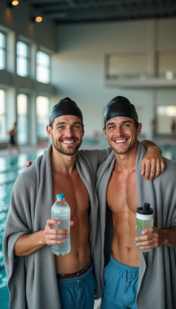 The image captures two fit young men, both wearing swim caps and holding water bottles, radiating happiness after a swim. Their close bond is evident as they stand together by the pool, showcasing a vibrant atmosphere of friendship and athleticism.の素材