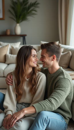 A young couple, a woman with long brown hair and a man with short brown hair, share a loving gaze while seated comfortably on a cozy sofa. Their warm smiles and intimate connection radiate happiness, set against a softly lit, inviting living room backdrop.の素材
