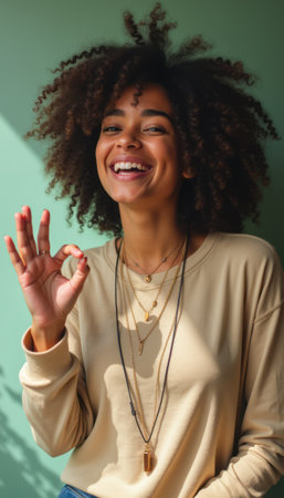 A cheerful young woman with curly hair smiles brightly while making an OK gesture against a soft green background. Her radiant expression and layered necklaces add a touch of style, embodying positivity and confidence.の素材