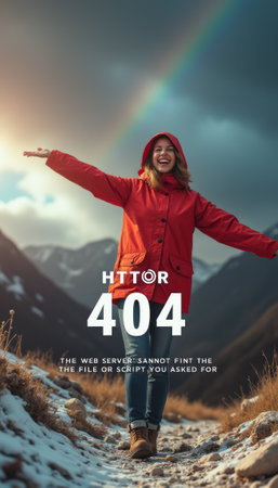A cheerful woman in a vibrant red jacket stands on a mountain path, arms wide open, celebrating the beauty of nature. The scene is illuminated by a stunning rainbow arching across the sky, creating a magical atmosphere filled with joy and adventure.の素材