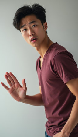A young Asian man in a maroon V-neck shirt stands against a soft gray background, his expression conveying surprise. His raised hand and wide eyes create a dynamic moment, inviting viewers to share in his unexpected reaction.の素材