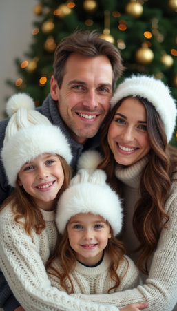 A cheerful family of four, dressed in cozy winter attire, smiles warmly against a festive Christmas tree backdrop. Their matching fluffy hats and sweaters create a heartwarming scene filled with love and holiday spirit.の素材