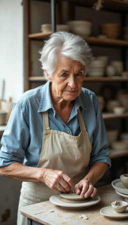 An elderly woman with silver hair is meticulously crafting pottery in a cozy studio filled with handmade ceramics. Her concentrated expression and gentle hands reflect her passion for the art of pottery, showcasing the beauty of craftsmanship and dedication.の素材