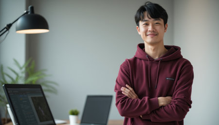 A young Asian man stands confidently in a modern office, wearing a maroon hoodie and smiling warmly. The scene captures a blend of professionalism and comfort, with sleek computers and a touch of greenery enhancing the inviting atmosphere.の素材