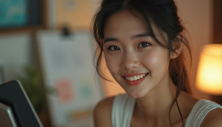 A cheerful young Asian woman with long, flowing hair beams with joy, illuminated by gentle ambient light. Her bright smile radiates positivity, creating an inviting atmosphere that feels both personal and warm.の素材