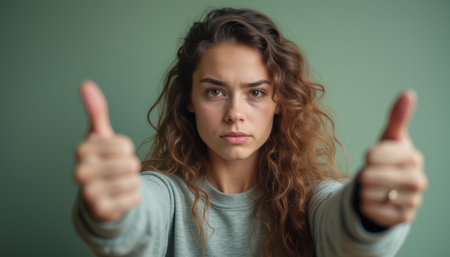 A young woman with curly hair confidently displays two thumbs up against a muted green background. Her serious expression contrasts with the positive gesture, creating a powerful image of determination and approval.の素材