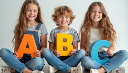 Three happy kids, a girl and a boy in the center, proudly display bright letters A, B, and C against a light backdrop. Their joyful expressions and vibrant colors create a playful atmosphere, perfect for educational themes and childhood joy.の素材