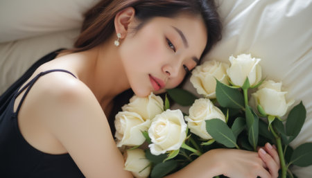 A tranquil young woman lies gracefully on a plush bed, cradling a bouquet of delicate white roses. Her gentle expression and the soft, natural light create an atmosphere of peace and beauty, symbolizing love and serenity.の素材