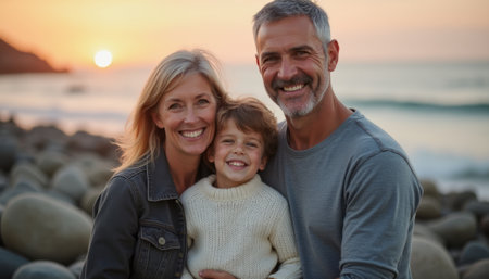 A happy family of three, including a smiling boy, poses together on a rocky beach at sunset, radiating warmth and love. The golden sun sets behind them, casting a beautiful glow that enhances their joyful expressions and the serene ocean backdrop.の素材