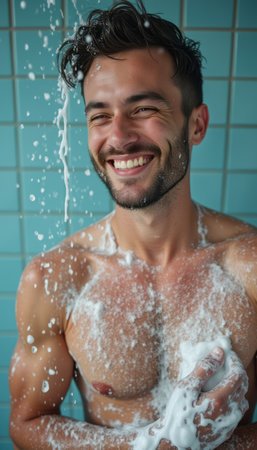 A smiling man with a well-defined physique stands under a shower, playfully covered in soap suds. The vibrant turquoise tiles create a lively backdrop, enhancing the cheerful atmosphere of this refreshing moment.の素材