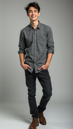 A cheerful young man stands confidently with his hands in his pockets, wearing a sleek gray shirt and dark jeans. His warm smile and relaxed posture exude a sense of approachability and style, perfect for fashion or lifestyle themes.の素材
